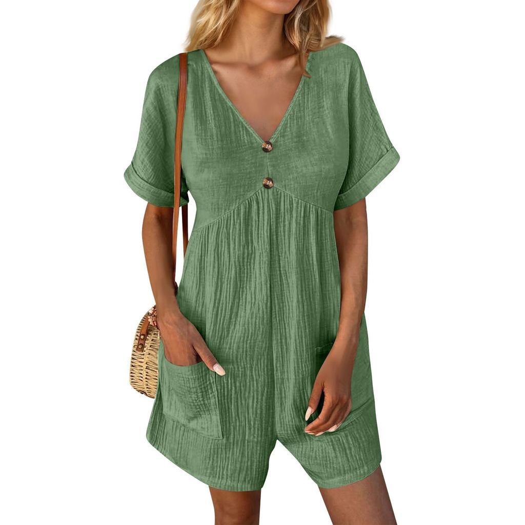 Women's Casual V-Neck Short Sleeve With Pockets Comfort Jumpsuit Shorts