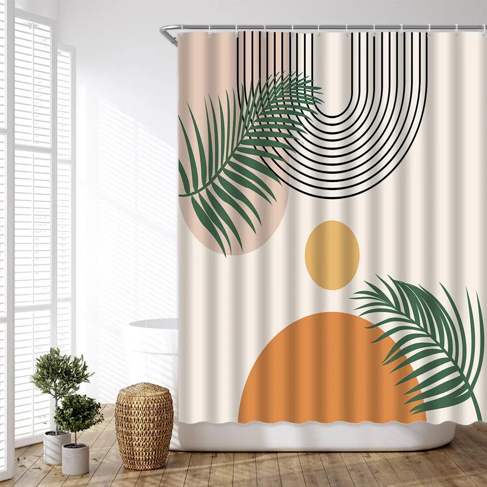 Abstract Mid Century Shower Curtains Boho Arch Sun Beige Modern Minimalistic Home Bathtub Bathroom Curtain Fabric Decoration Set