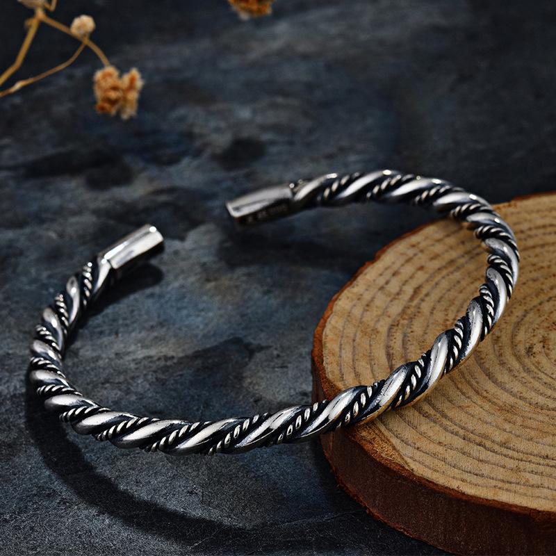 Thai Handmade Pure Silver Bracelet Women's Art Retro Hammer Pattern Pulling Round Bracelet Solid S999 Solid Silver Jewelry