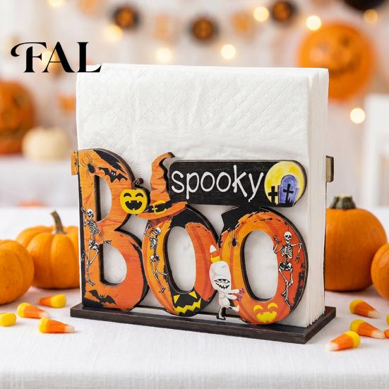 Cute Desktop Storage Box Halloween Wooden Napkin Holder, Pastel Pumpkin Ghost Black Cat Tabletop Tissue Dispenser, Waterproof Stable Decorative Stand