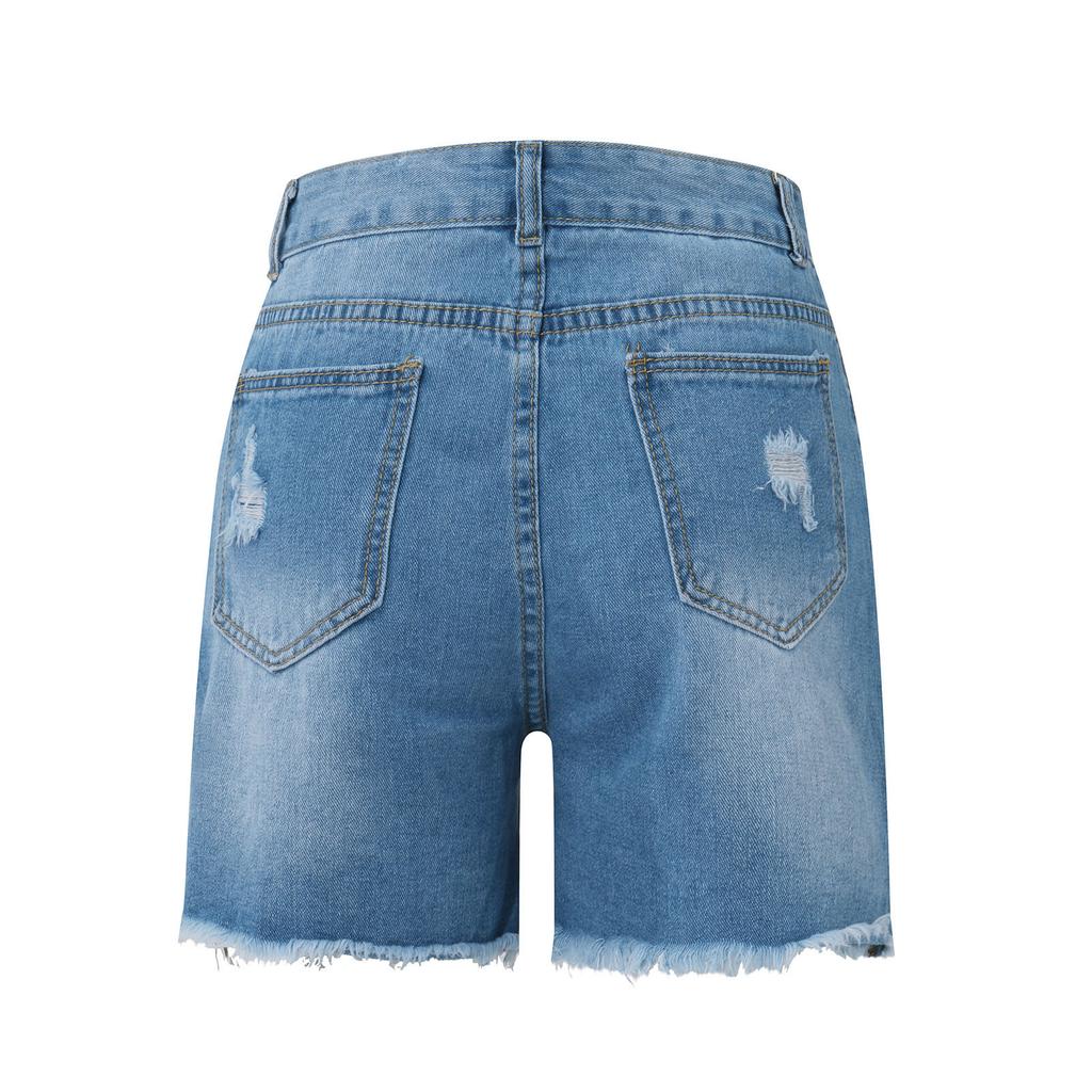 Женские повседневные джинсовые шорты со средней талией, эластичные джинсовые шорты с карманами и рваной бахромой