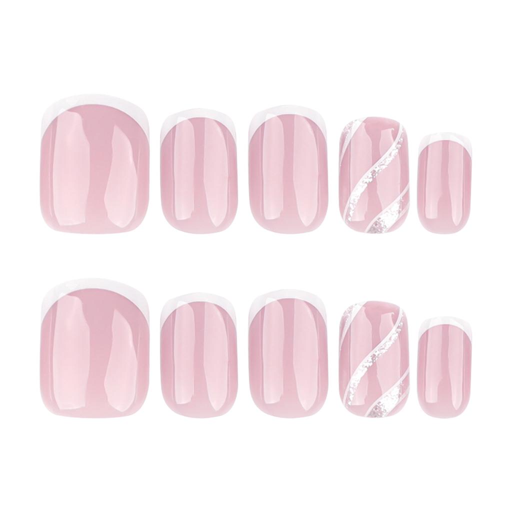 24pcs Simple White Fake Nail Short Square Nail Art Wavy Flash Pink Striped Wearable Nails