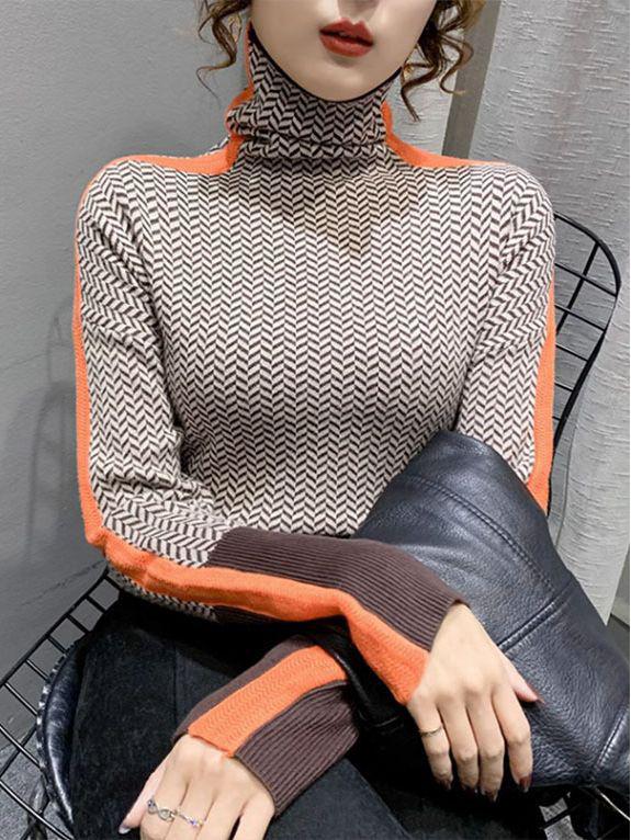 Женский ретро-кашемировый свитер — свободный крой, высокий ворот, контрастный цвет, осень/зима