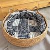OUZEY Rattan Weaving Cat Basket Pet Cat Bed With Cushion Soft Warm Puppy Kitten Bed Donut Round Comfortable Sleeping Cat House
