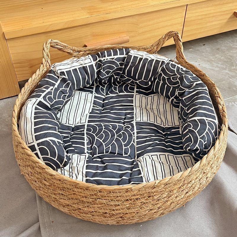 OUZEY Rattan Weaving Cat Basket Pet Cat Bed With Cushion Soft Warm Puppy Kitten Bed Donut Round Comfortable Sleeping Cat House