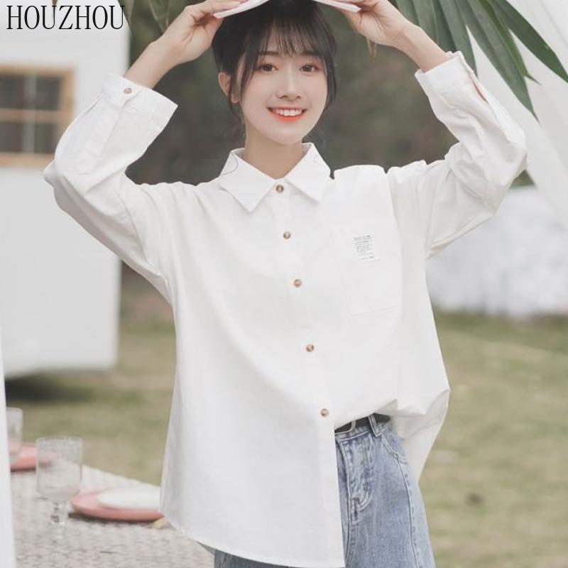 HOUZHOU белая рубашка женская с карманом и длинным рукавом размера плюс для студентов, милая корейская шикарная классика