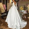 Wedding Dress Satin Long Sleeves Simple Bride To Be Lace V-neck Train Elegant
