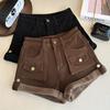 Autumn/Winter Plus Velvet High-Waisted Slimming A-Line Denim Shorts with Rolled Hem and Cargo Style
