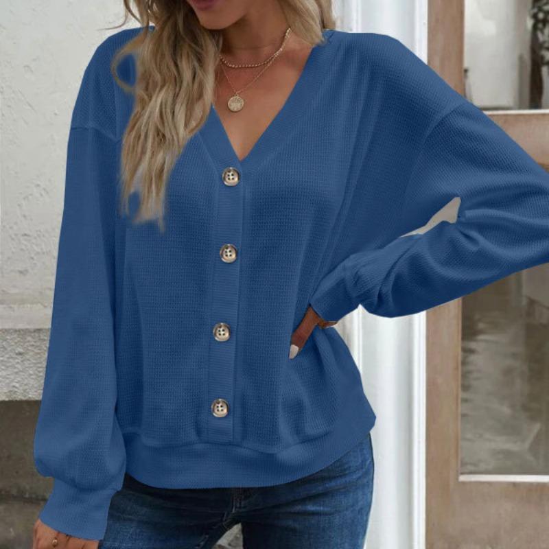 Осенне-зимний женский топ с длинными рукавами и v-образным вырезом, свободная женская футболка с v-образным вырезом на пуговицах и длинными рукавами