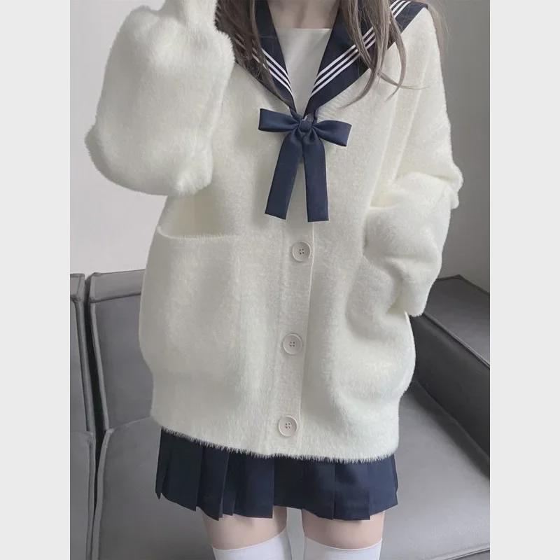Women's Small Japanese JK Furry Knitted Sweater Cardigan - Soft, Warm, Long-Sleeved for Autumn/Winter
