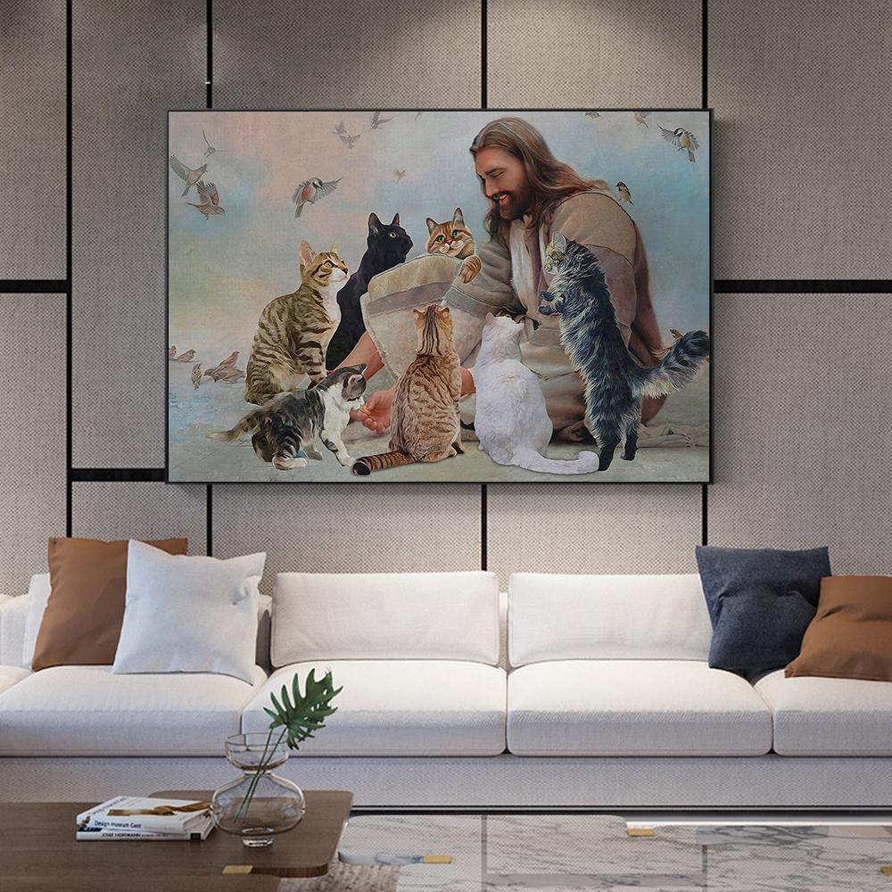 Бог, окруженный кошками, ангелами, холст с принтом, постер, Иисус, настенное искусство, уютная картина для христианского подарка, гостиная, домашний декор, Куадрос
