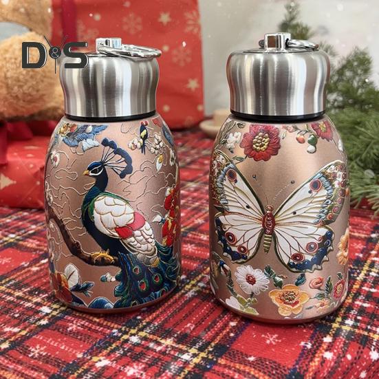 Термос с узором павлина из нержавеющей стали, винтажный цветок, термос, 300 мл, двухслойный изоляционный стеклянный чайник с герметичной крышкой
