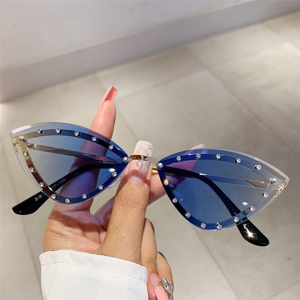 Multicolor Cat Eye Sunglasses Gradient Rhinestones Eyewear Vintage Rimless Shades for Women & Men