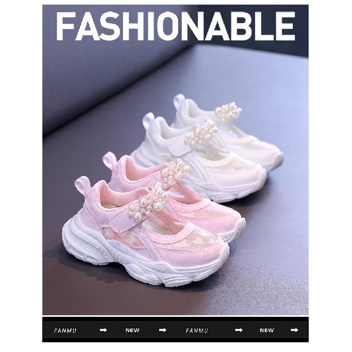 Girls' Solid Color Mesh Hollow Sneakers, New Summer Style for Children and Older Kids, Pearl Solid Color Dad Shoes