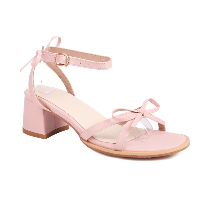 Women Ankle Strap Sandals Round Toe Block Mid Heels Buckle Bow Ladies Fashion Casual Shoes Summer Black White Pink 45