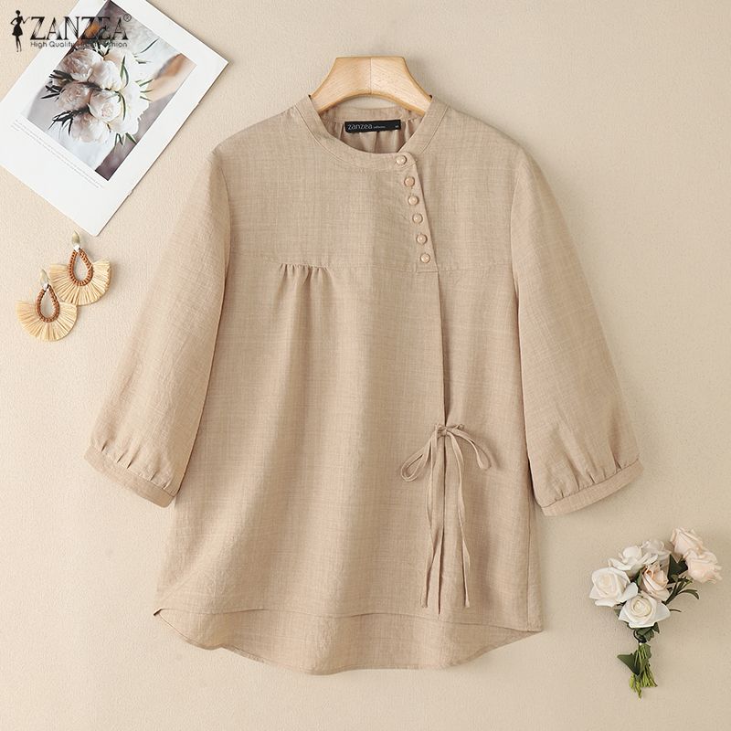 ZANZEA Женская летняя повседневная блузка с круглым вырезом, рукавом до локтя, шнуровкой по бокам и асимметричным низом