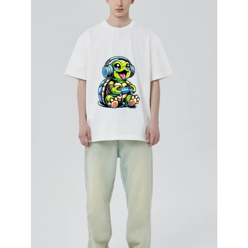 Футболка с круглым вырезом Черная Черепаха Геймер с принтом наушников и контроллера для повседневной носки и игровых мероприятий