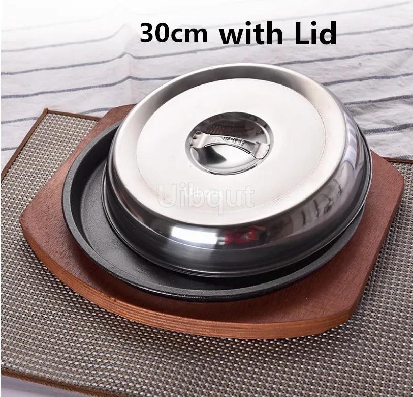 Korean cast iron barbecue pot fried striped steak BBQ grilled plate round household baking raosting pan wooden tray kitchen pan