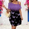 Women Plus Size One Shoulder Strappy Short Sleeve Loose Fit Black Purple Gradient Printed Dress