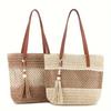 Women's Handmade Woven Straw Tote Bag - Lightweight Summer Beach Vacation Shoulder Bag with Brown Handle and Tassel Detail, Two-tone Design, Beach Bag