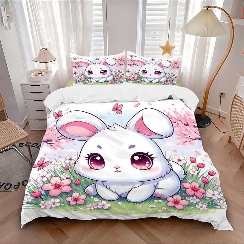 3pcs Lively White Rabbit Pattern Bedding Three-Piece Set (No Fillings), Soft and Comfortable M072