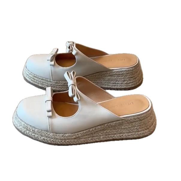 Французская соломенная сумка на толстой подошве, бант на носке, крутые шлепанцы, женские летние 2025, новые, универсальные, юбка, полушлепанцы