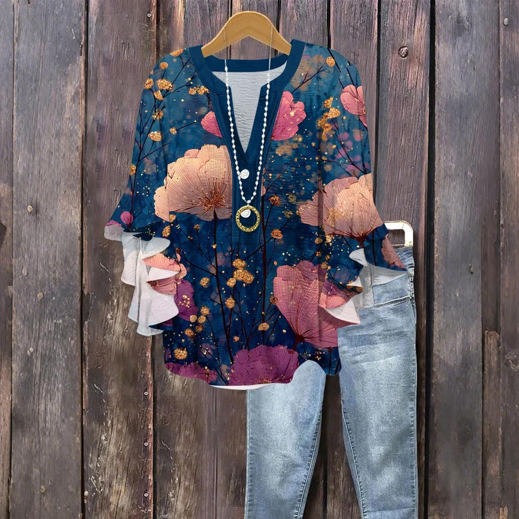 Women's Fashion Button V-Neck Ruffle Seven Sleeve Blouse Floral Printed Top