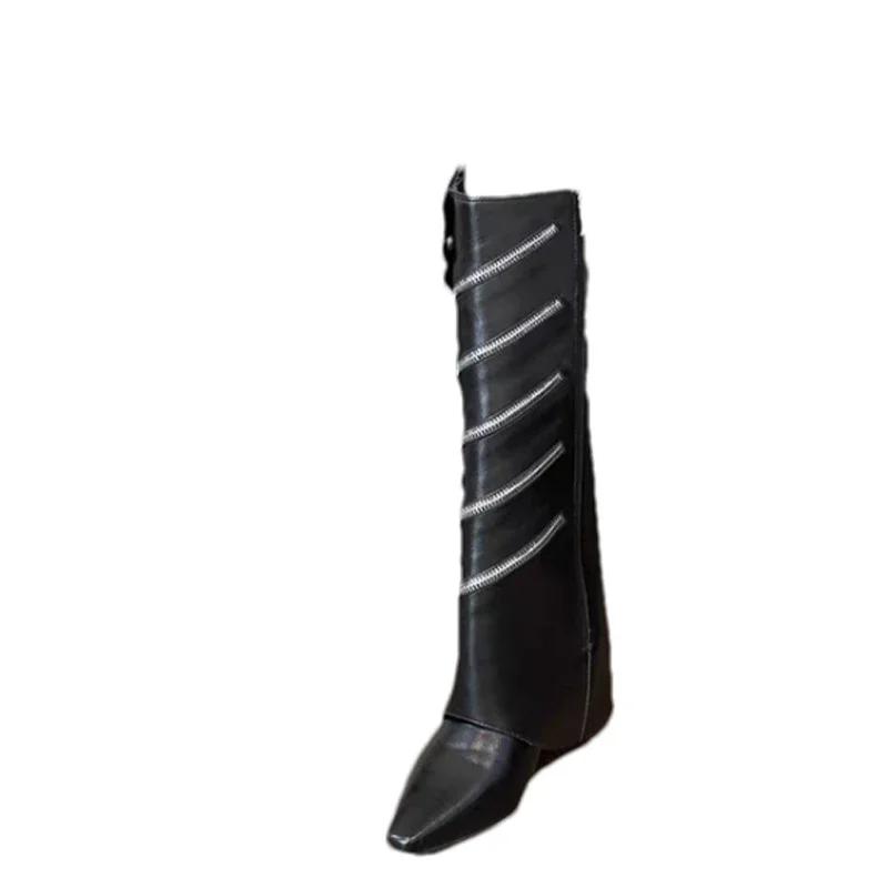 Женские высокие сапоги с острым носком, кожаные туфли, женские, зимние, новые, челси, на молнии, зимние, готические, гладиаторские, мотоциклетные ботинки 2024 года
