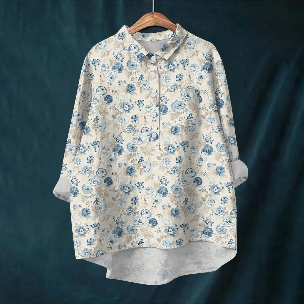 Women's Shirt Blouse Long-sleeved With Buttons Print Casual Hem Irregular Shirt Collar Top
