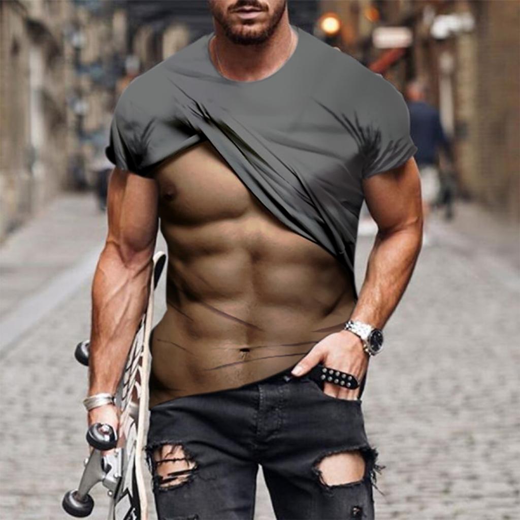 Men's Muscle Graphic T shirt Funny 3D Fake Abs Print Short Sleeve T-shirt For Men Outdoor Fitness Running Sports Casual Tees Top