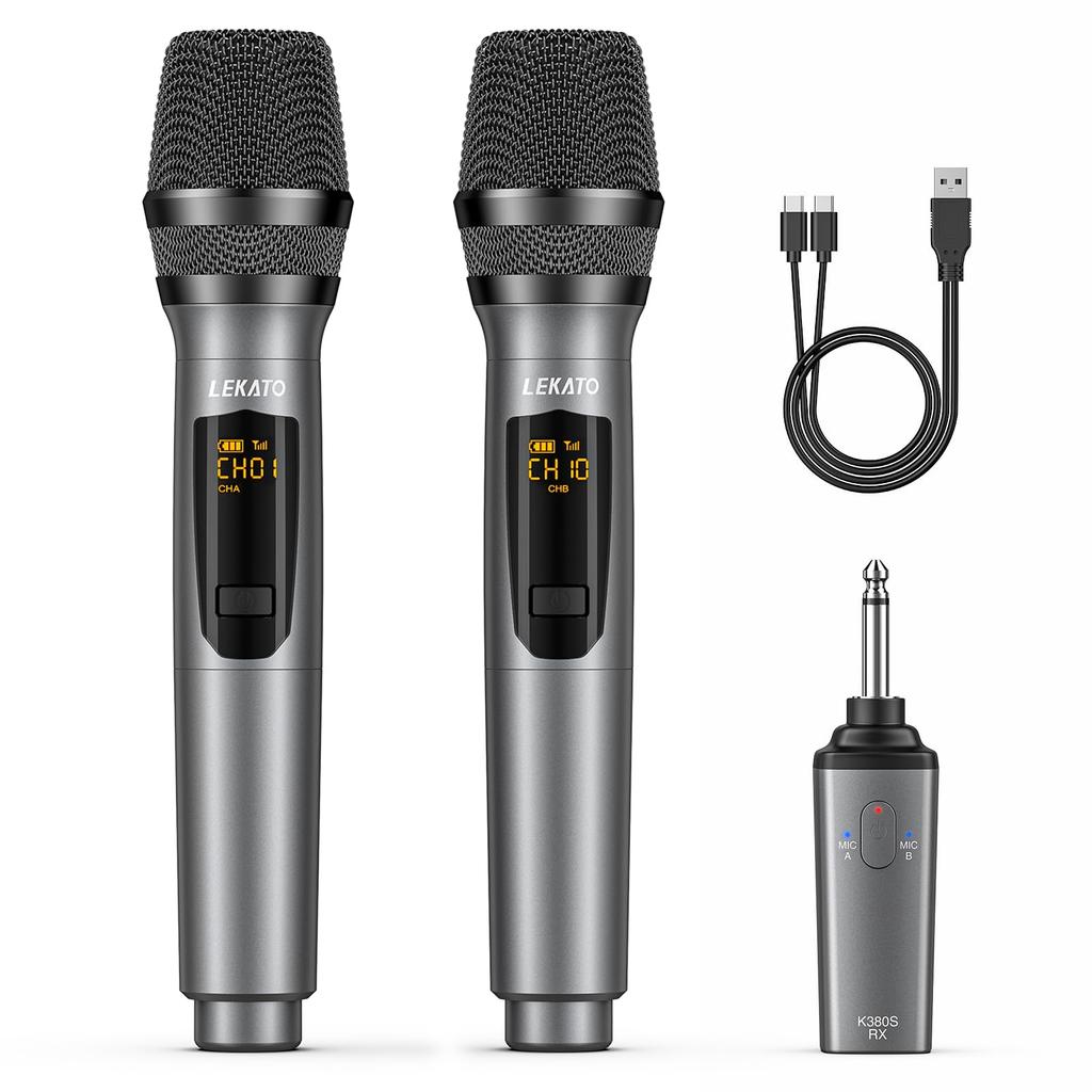 LEKATO Rechargeable Wireless Dynamic Microphone, UHF Handheld Microphone with Mini Receiver, Ideal for Meetings, Karaoke, and Home Parties (Set of 2)