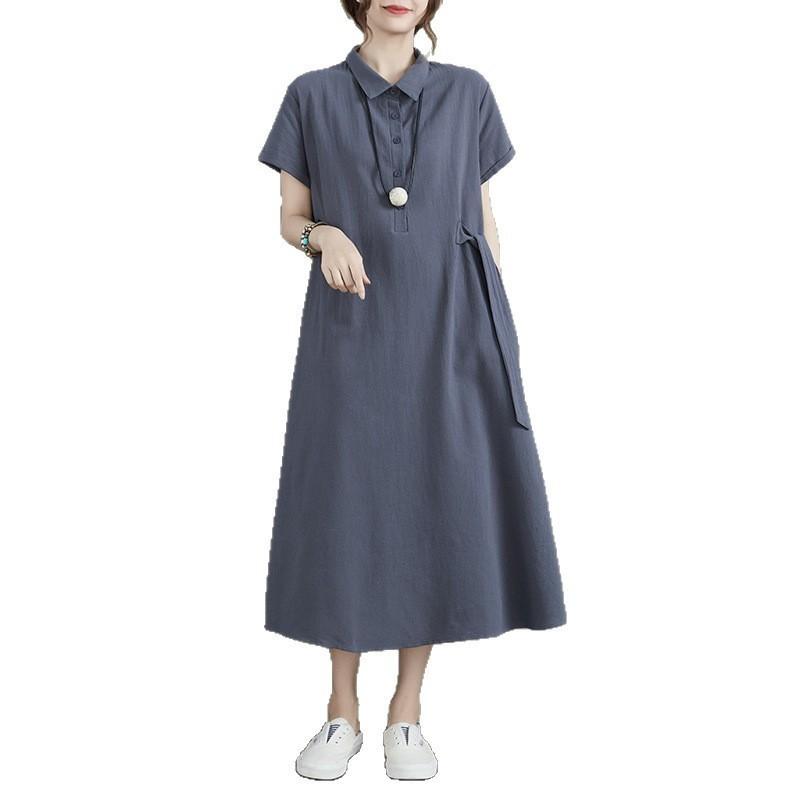 Japanese Style Loose Cotton Linen Short Sleeve Dress With Pockets For Casual Wear