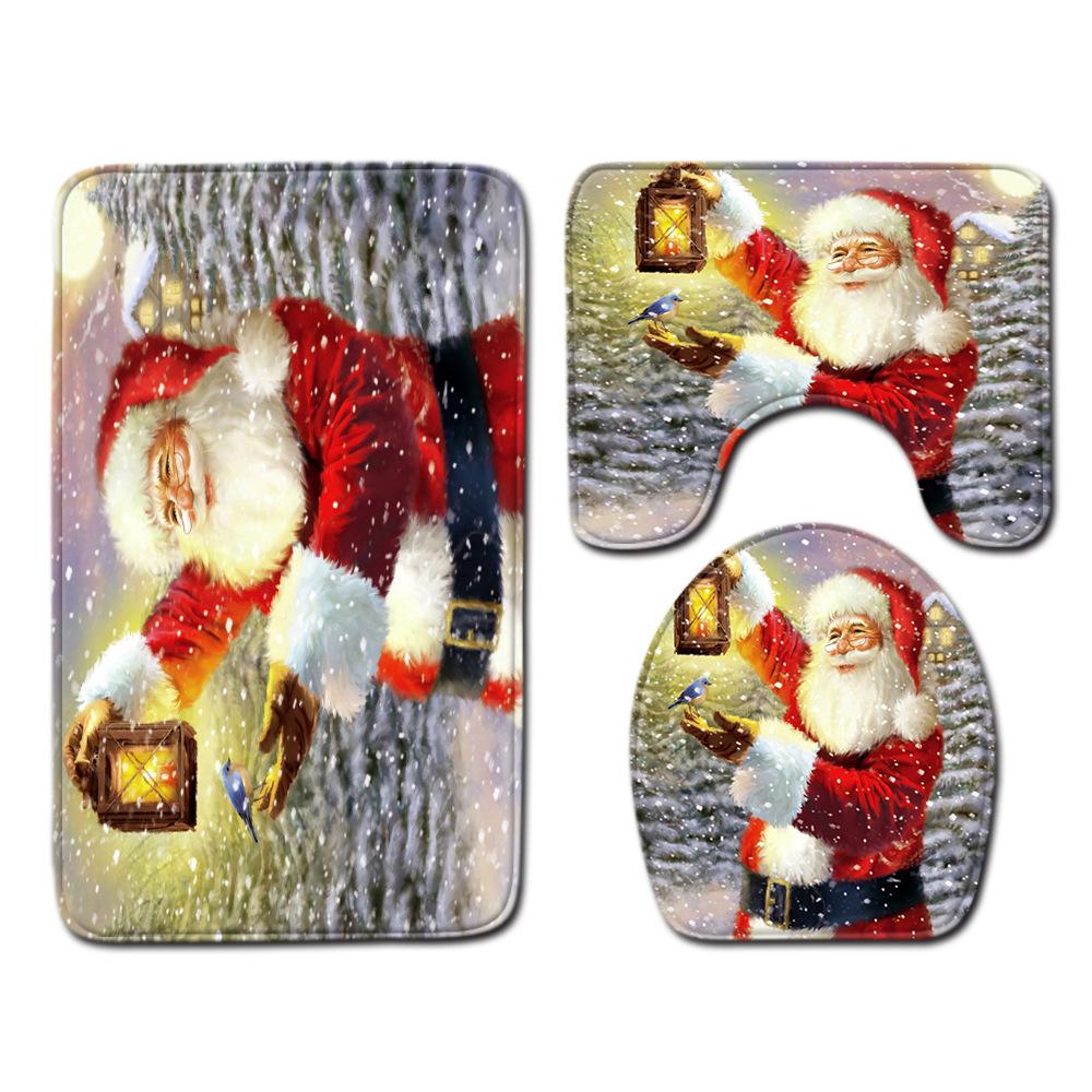Christmas Shower Curtain Floor Mat Combination Four-Piece Set Bathroom Toilet Carpet Shower Room Mat Foot Mat