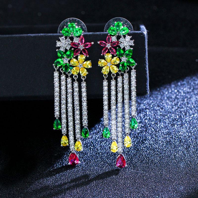 Женские серьги-подвески WWJ Noble Multi Color с кубическим цирконием и кисточкой