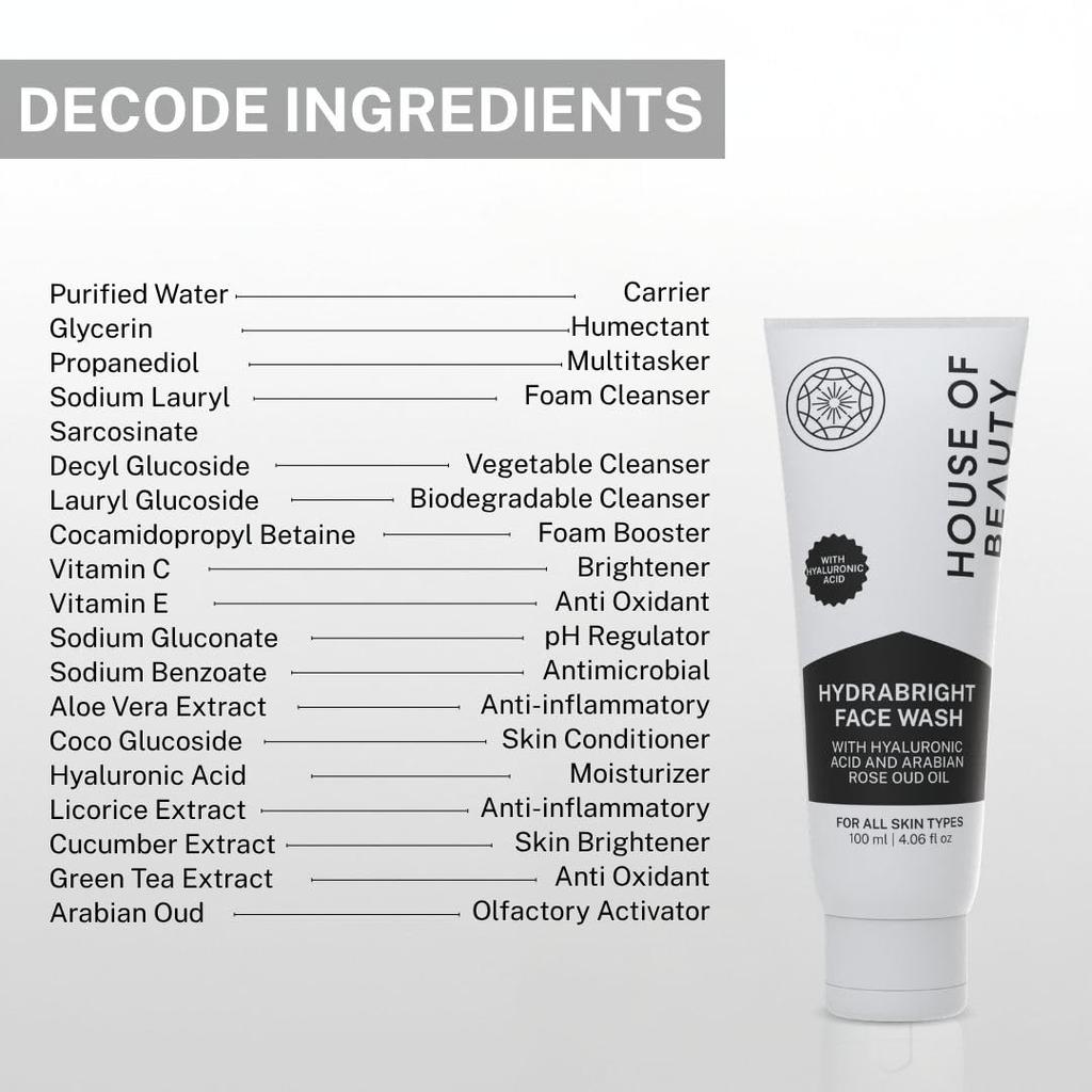 House of Beauty India HydraBright FaceWash — очищающее средство для лица, осветляющее кожу (100мл), Увлажняющий, питательный, для всех типов кожи