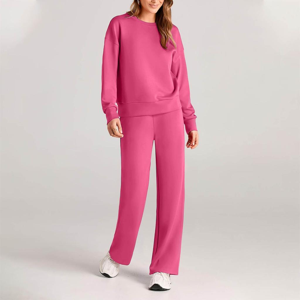 Спортивные комплекты для женщин, 2 предмета, однотонный пуловер, топы, завязывающиеся на шнурок, прямые спортивные штаны, женский комплект из двух предметов, осень