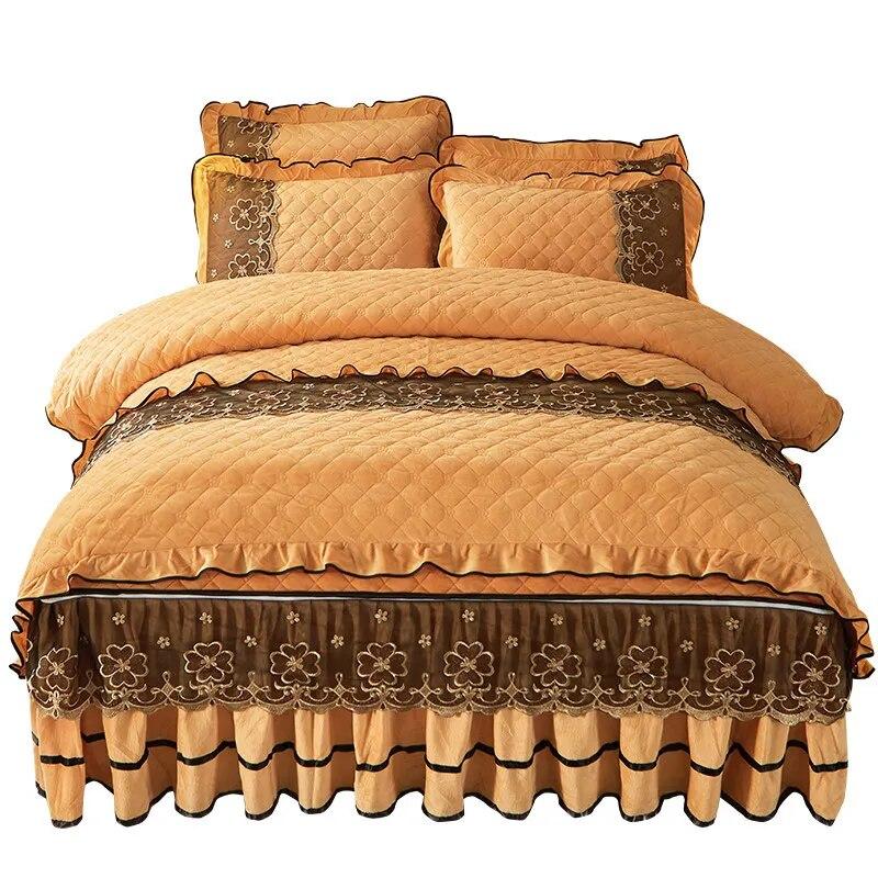 Стеганый бархатный комплект постельного белья Queen King Size, двуспальная кровать, пододеяльник, кружевная юбка на молнии, европейские однотонные 2 наволочки