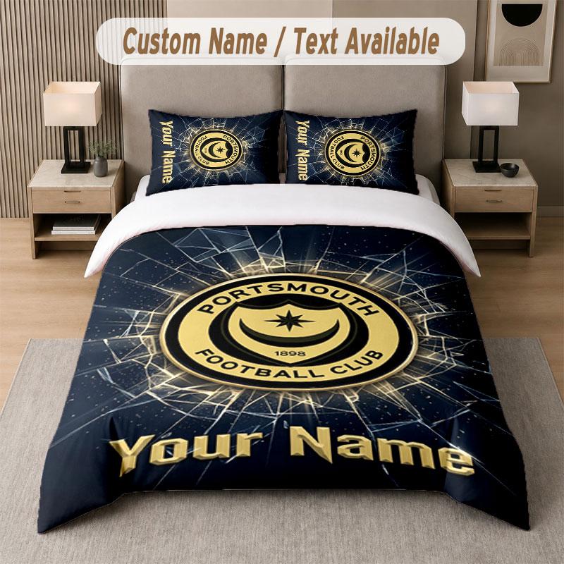 Custom Bedding Set Portsmouth FC Pattern, Print Name Text 1 Duvet Cover plus 2 Pillowcases Home Textile