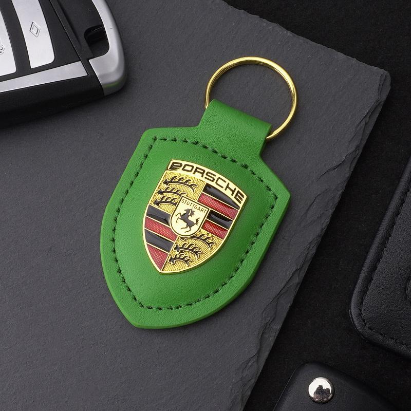 High Quality PU Leather Car Keychain Shield Alloy Keyring Pendant Gift For Porsche Cayenne Panamera Macan Boxster Cayman Sticker CY5