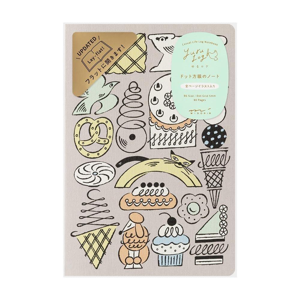 MIDORI Designphil Yurulog Notebook B6 Sweets and Animals Pattern 15399006, Cute Kawaii Dot Grid Journal 80 Pages