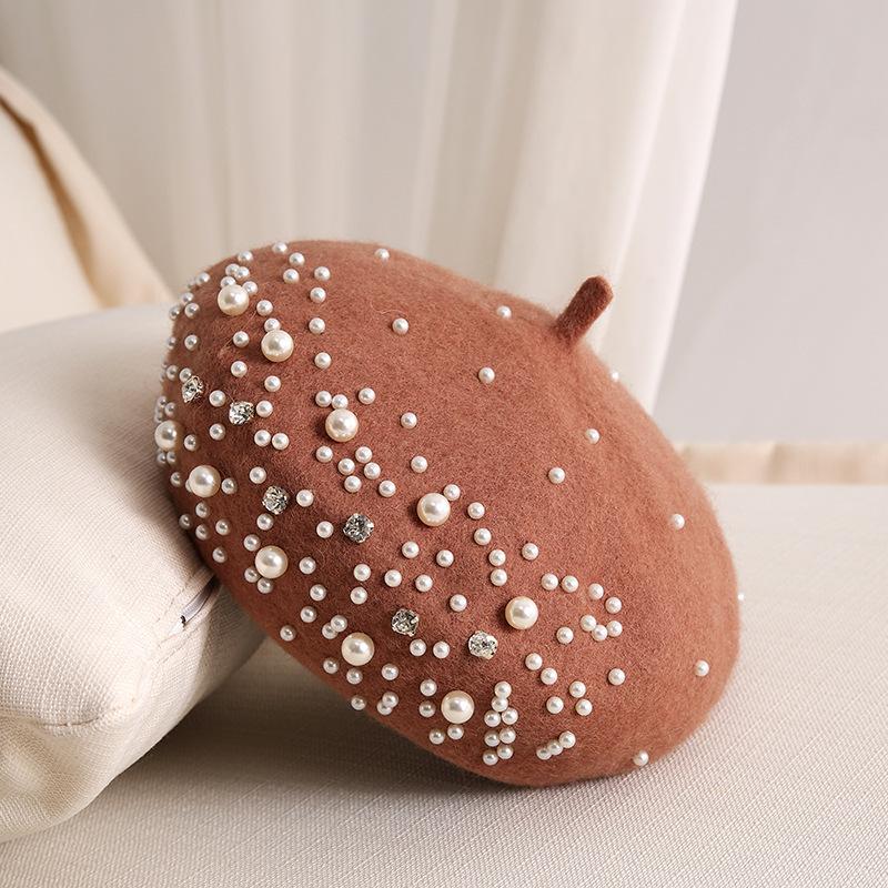 Темперамент Жемчуг Водяной Бриллиант Берет Женский Осень/Зима Британский Ретро Корейский Японский Шляпа Художника