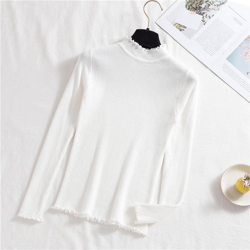 Осень и зима новый однотонный пуловер с фестончатым краем, базовая вязаная кофта, женская приталенная и тонкая кофта с полувысоким воротом, женская