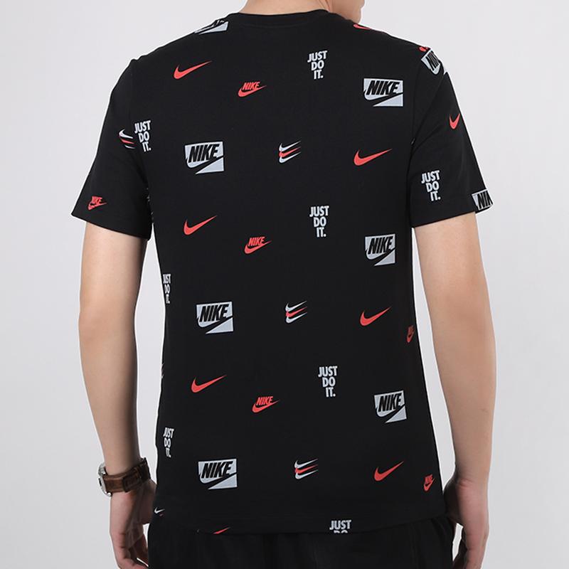 Nike Повседневная спортивная футболка с коротким рукавом и принтом логотипа по всей поверхности, мужские топы, черный CV8963-010