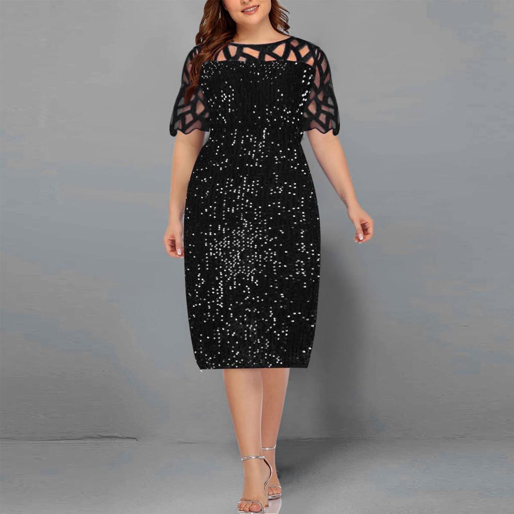 Коктейльные платья больших размеров для женщин, модное платье с короткими рукавами с блестками и блестками, эластичные платья и расклешенные платья