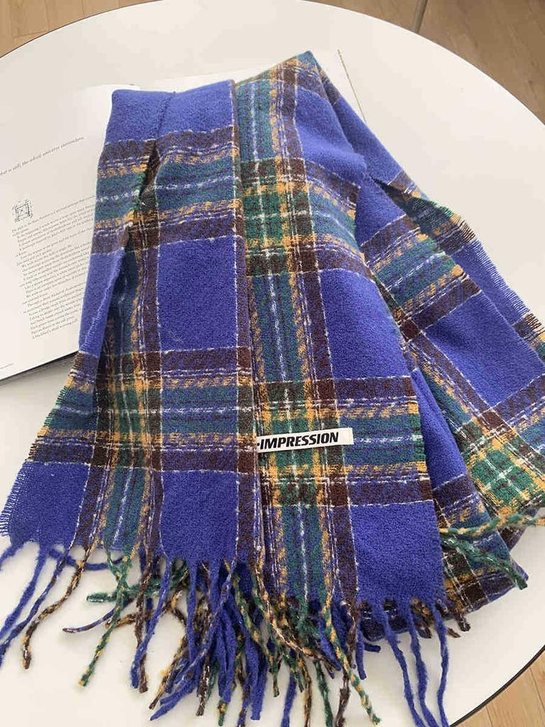 Premium Contrasting Color Plaid Fringed Scarf Couple Scarf Warm And Windproof Long Shawl Women