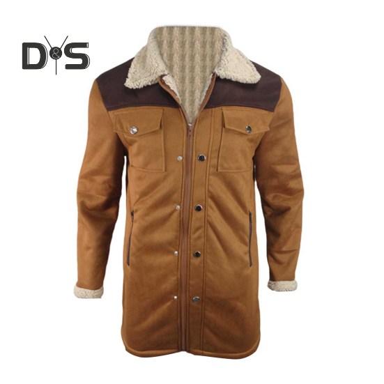 Men Jacket Large Plush Lapel Long Sleeve Vintage Suede Jacket with Pockets Zipper Up Mid-length Motorcycle Coat