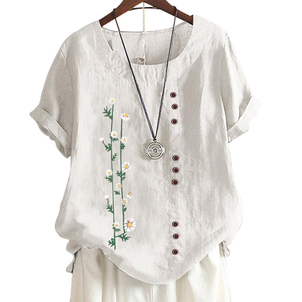 Classic Floral and Bamboo Pattern Women's Comfortable Cotton Linen Casual Tee with Round Neck and Short Sleeves S-5XL