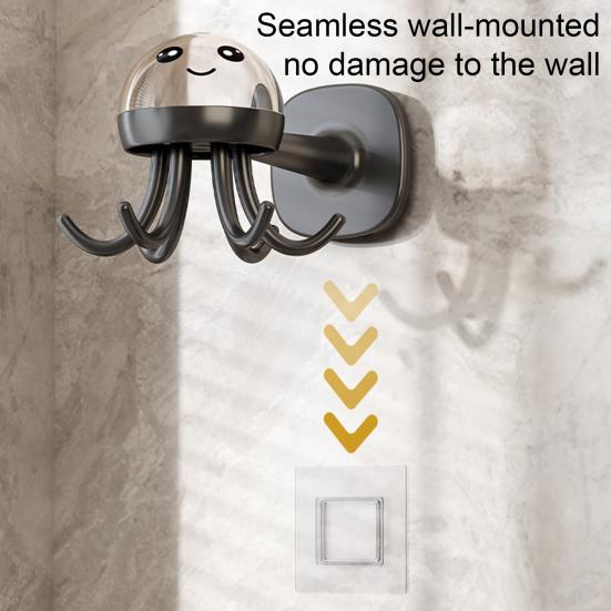 Пластиковая настенная полка-органайзер с прочным клейким креплением, грузоподъемная, в форме мультяшного осьминога, дизайн с шестью крючками, полка для хранения в ванной