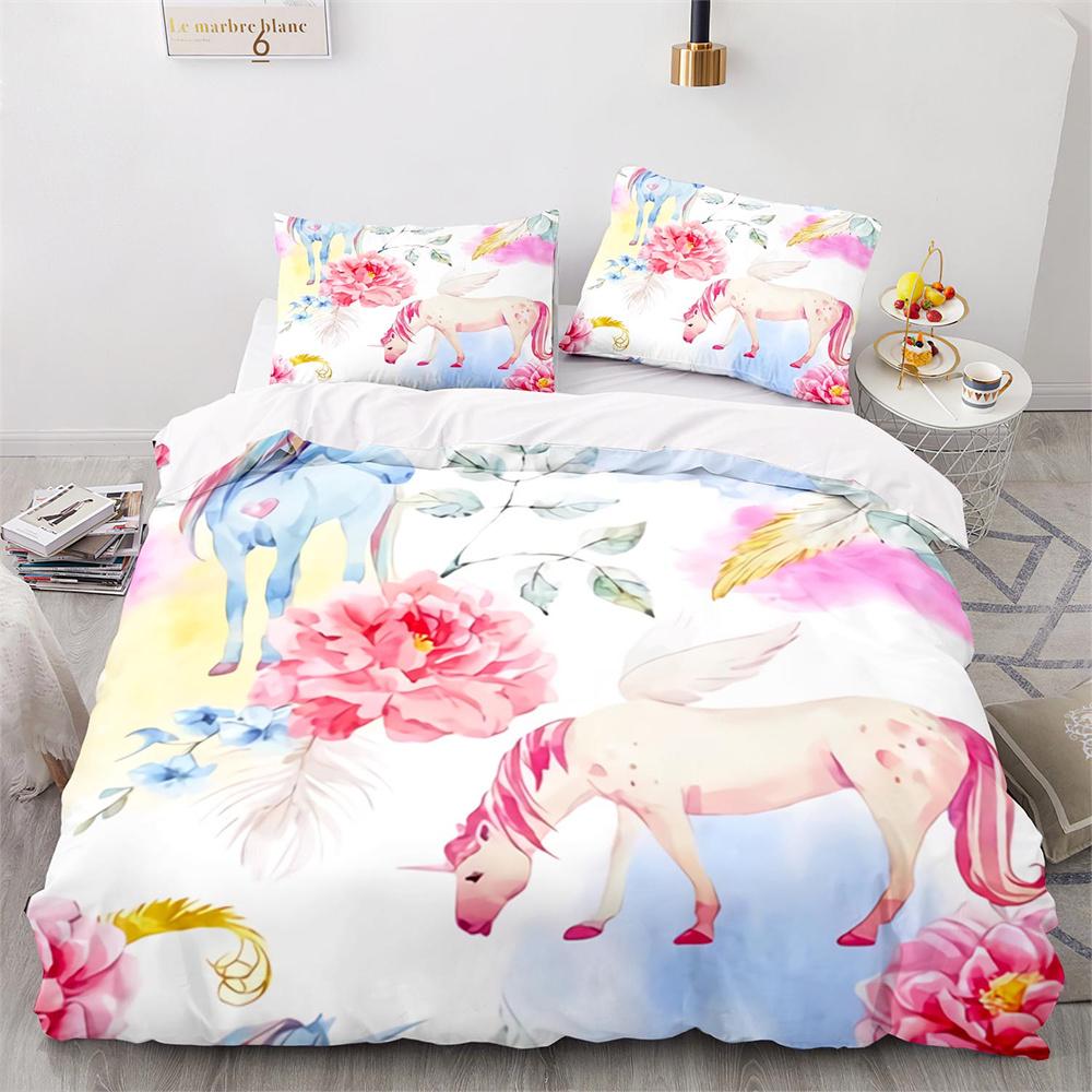 Cute Couple Of Pony Duvet Cover Set 3D Unicorn Pony Horse Polyester Quilt Cover With Pillow Shams For Kids Adults Bedding Set