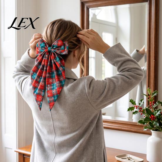 Christmas Photo Prop Hair Bows Large Bow for Women Girls, Decorative Clip with Classic Holiday Accessories Prints, Elegant Long Tail Barrettes Festive